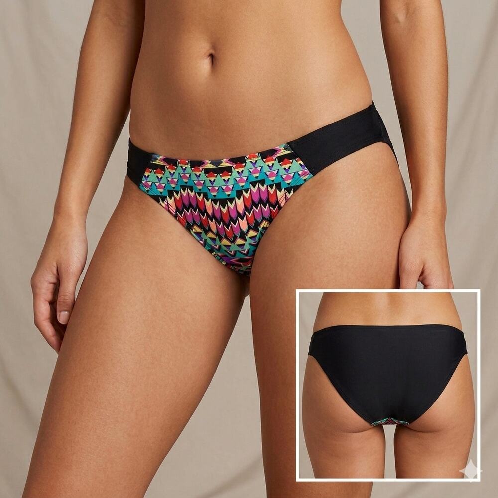 Womens XS Cheeky Low Rise Bikini Bottom Black Tribal Print Geometric Swimwear